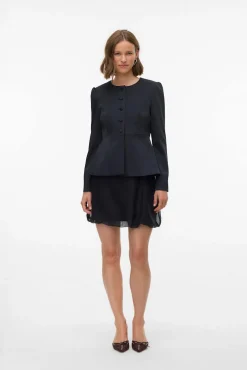 Blazer feminino de cetim com mangas bufantes