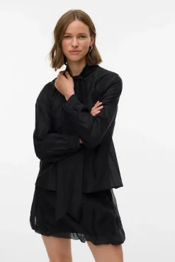 Blusa feminina de manga comprida com laço no gola