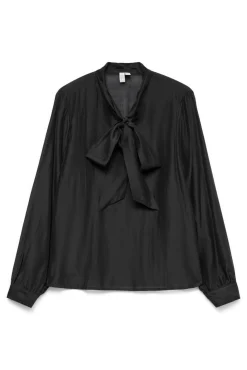 Blusa feminina de manga comprida com laço no gola