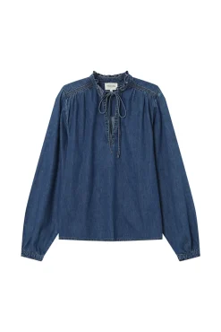 Blusa jeans de manga longa com detalhe de folho e laço no gola