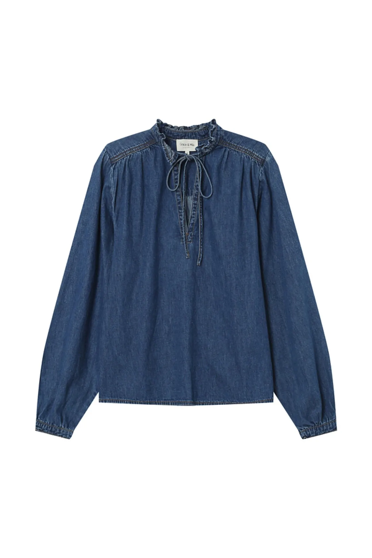 Blusa jeans de manga longa com detalhe de folho e laço no gola