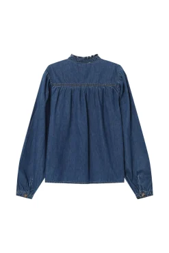Blusa jeans de manga longa com detalhe de folho e laço no gola