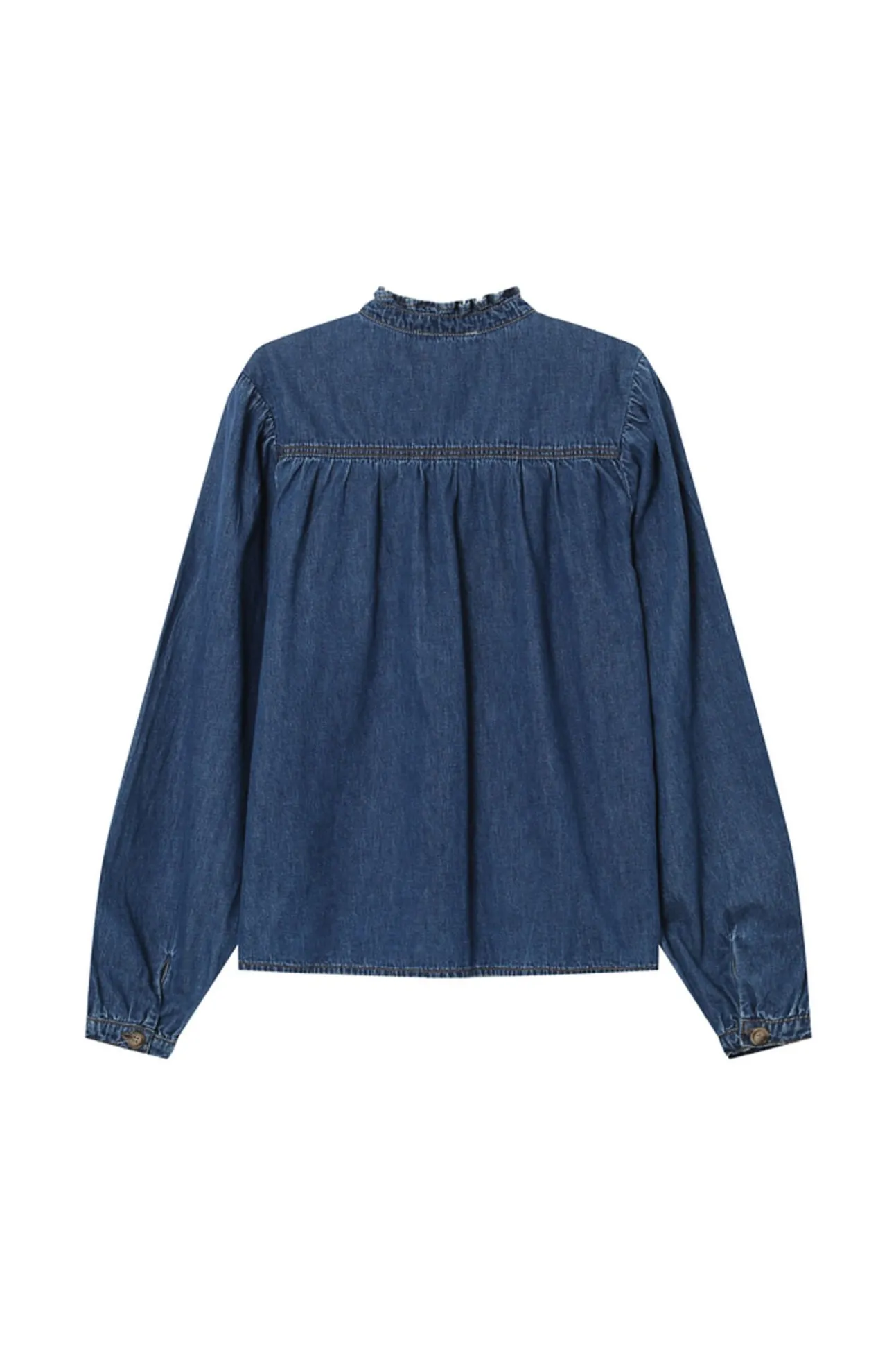 Blusa jeans de manga longa com detalhe de folho e laço no gola