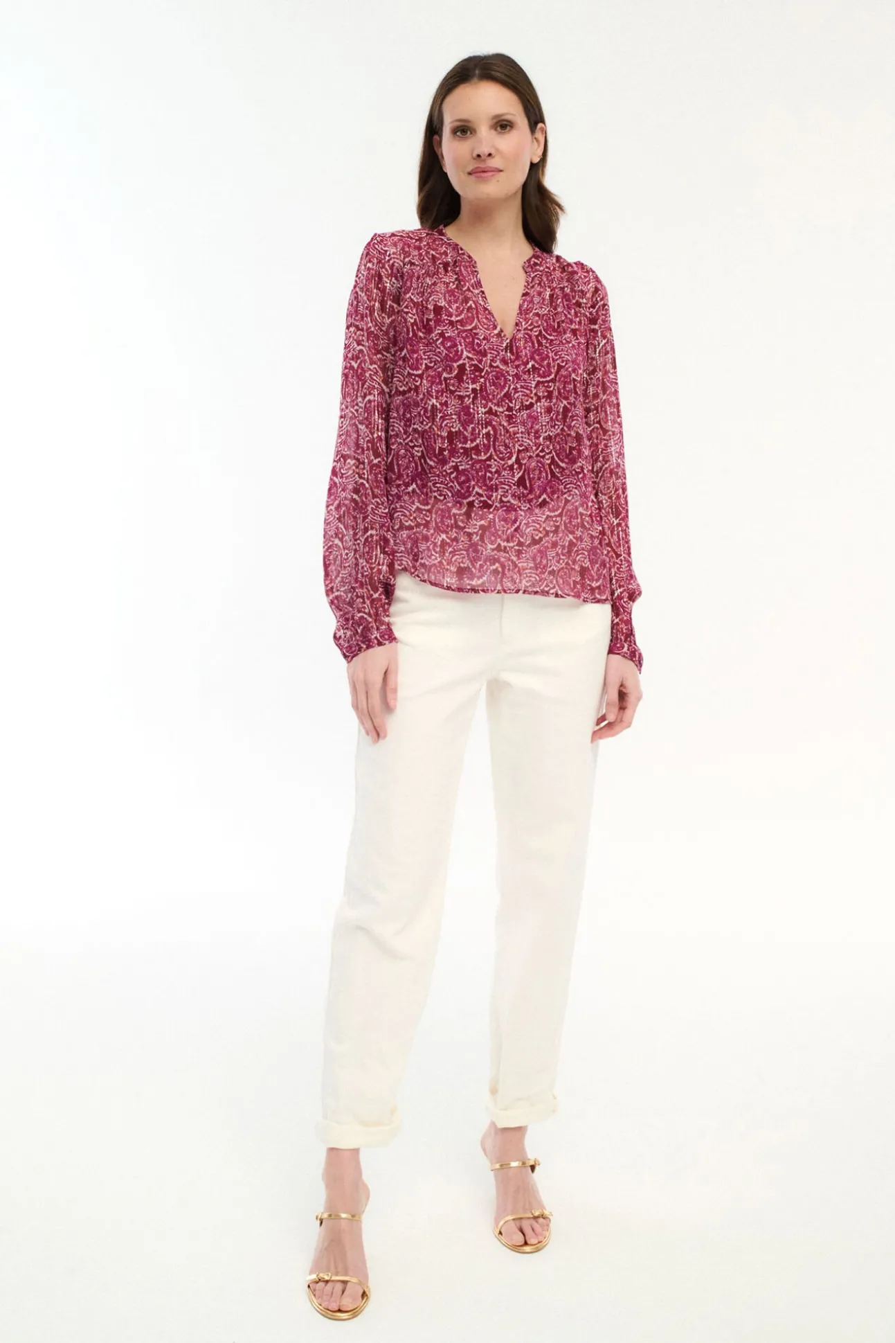 Blusa manga longa com estampa de lurex