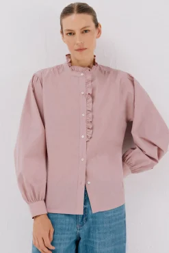 Blusa riscas com gola franzida