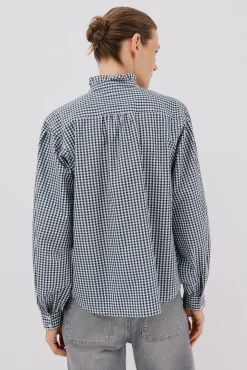 Blusa riscas com gola franzida