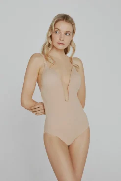 Body Ivette Bridal copa B costas descobertas com decote pronunciado em nude
