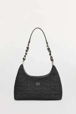 Bolsa hobo acolchoada com alça de pele e corrente