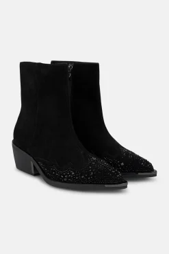Botim feminina de salto baixo com detalhe de strass