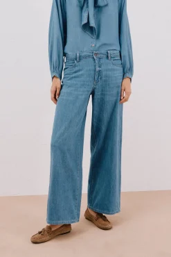 Calça jeans palazzo longa