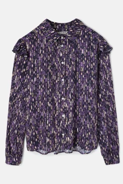 Camisa com babados e estampado Ikat no ombro