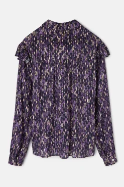 Camisa com babados e estampado Ikat no ombro