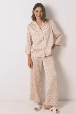 Camisa de pijama longa de cetim rosa