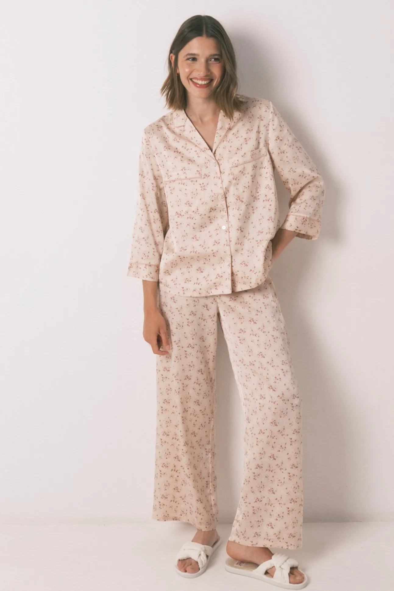 Camisa de pijama longa de cetim rosa
