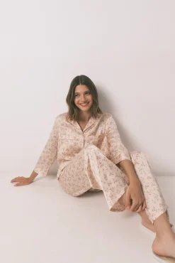 Camisa de pijama longa de cetim rosa