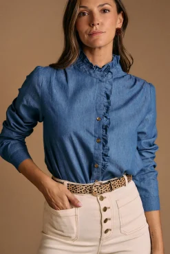 Camisa denim com babados Javiera
