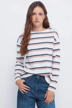 Camisa riscas com botões e ombros à mostra