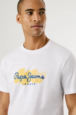 Camiseta de manga curta com logo e estampado frontal.