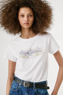 Camiseta de manga curta com logo floral na frente