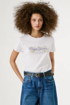 Camiseta de manga curta com logo floral na frente