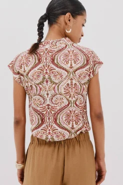 Camiseta estampada com decote em bico franzido