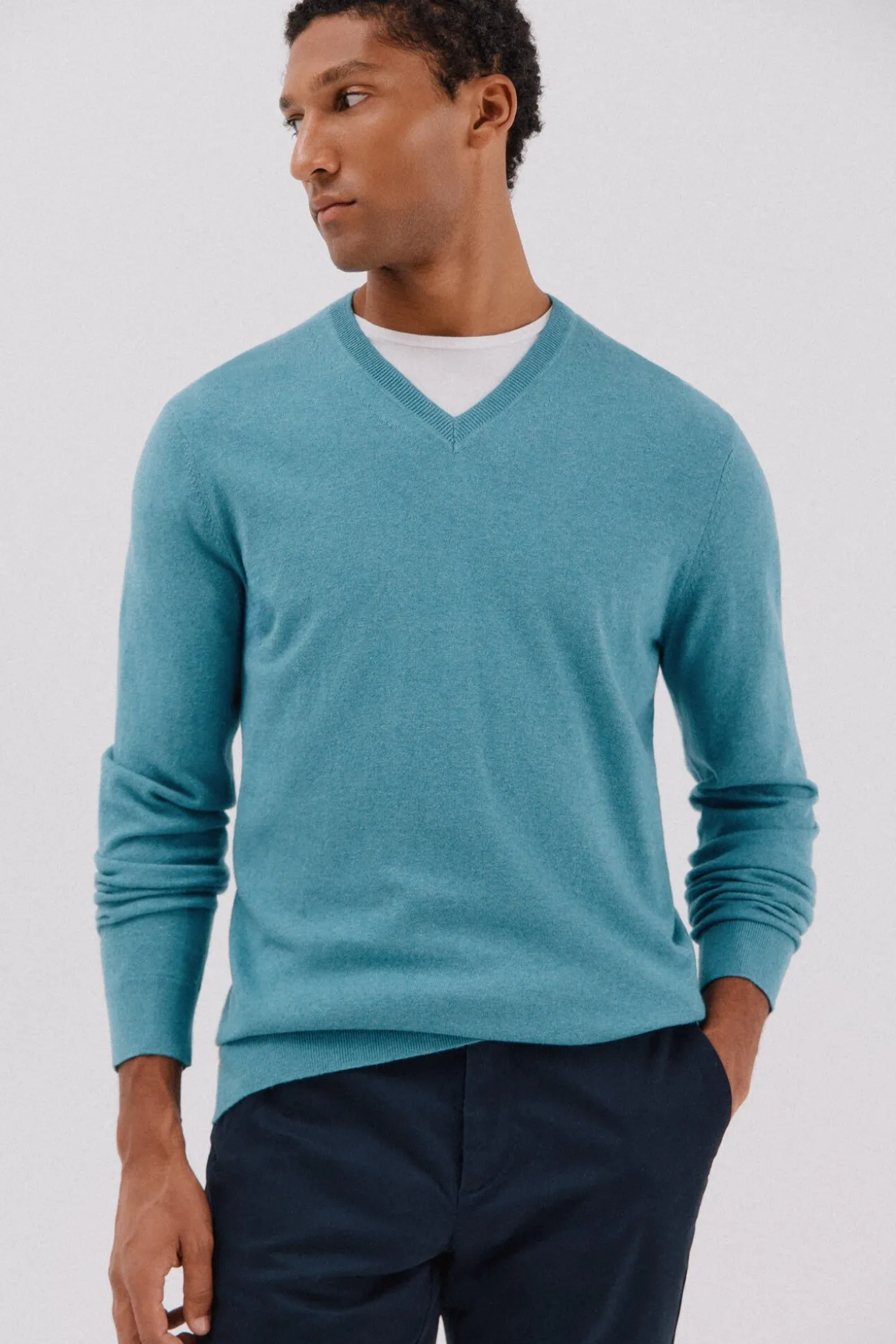 Camisola algodão caxemira gola em bico