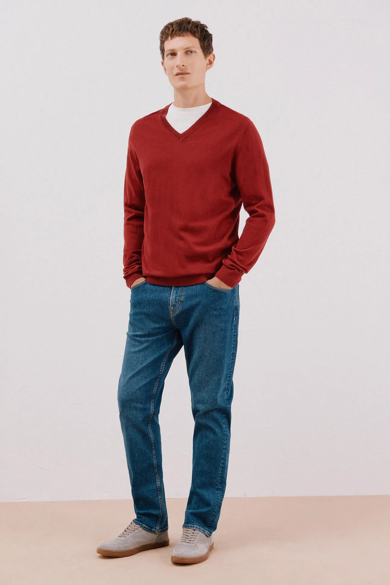 Camisola algodão caxemira gola em bico