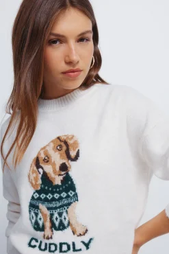 Camisola com estampado de cão em tricô