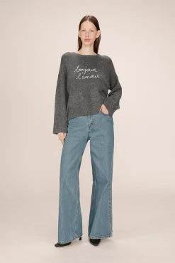 Camisola oversized de manga comprida com mensagem bordada