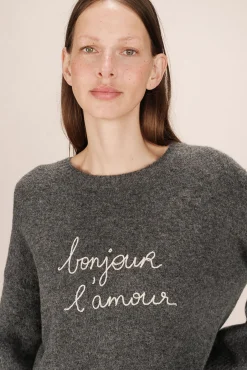 Camisola oversized de manga comprida com mensagem bordada
