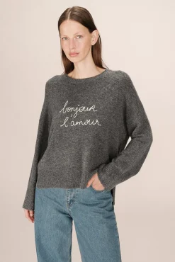 Camisola oversized de manga comprida com mensagem bordada