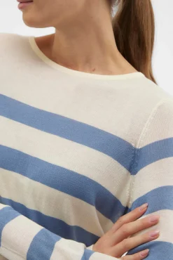 Camisola às riscas de mulher com manga comprida e gola redonda