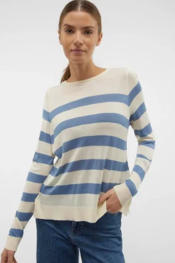 Camisola às riscas de mulher com manga comprida e gola redonda