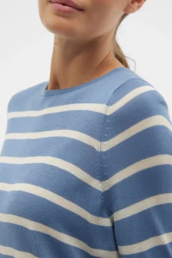 Camisola às riscas de mulher com manga comprida e gola redonda