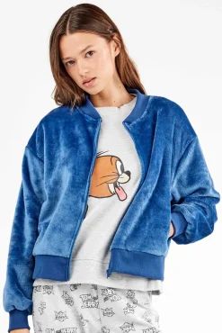 Casaco bomber feminina azul de pelúcia