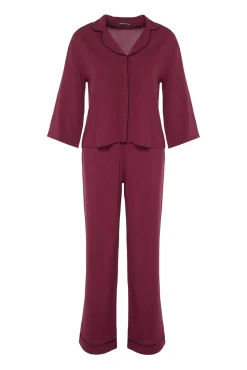 Conjunto de pijama camiseiro de viscose vermelha com vivo