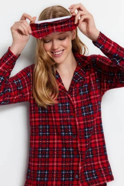 Conjunto de pijama camiseiro xadrez vermelho macio ao toque
