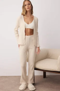 Conjunto de pijama comprido de malha malha com cardigan riscas bege