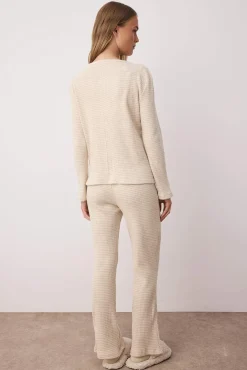 Conjunto de pijama comprido de malha malha com cardigan riscas bege