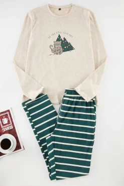 Conjunto de pijama de casal bege de Natal com riscas, corte regular
