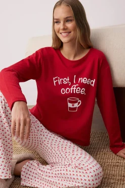 Conjunto de pijama de coração vermelho com slogan