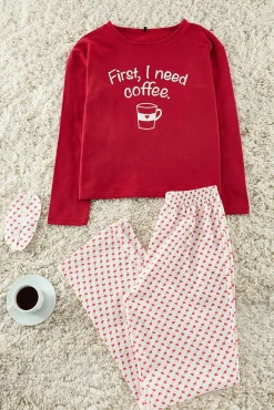 Conjunto de pijama de coração vermelho com slogan
