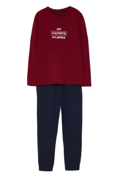Conjunto de pijama de corte regular estampado vermelho bordô