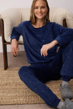 Conjunto de pijama de inverno de bolinhas com bolinhas azuis