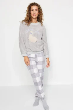 Conjunto de pijama de inverno xadrez cinza com estampado de lhama