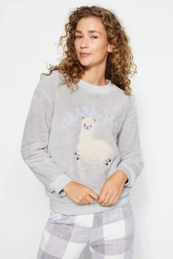 Conjunto de pijama de inverno xadrez cinza com estampado de lhama