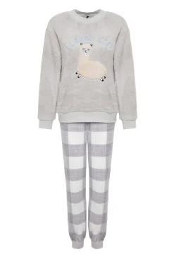 Conjunto de pijama de inverno xadrez cinza com estampado de lhama