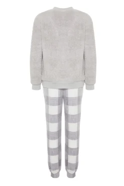 Conjunto de pijama de inverno xadrez cinza com estampado de lhama