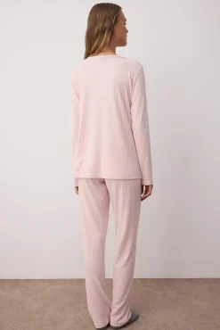 Conjunto de pijama de inverno em malha com gola em V rosa