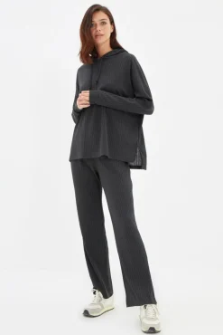 Conjunto de pijama de malha canelada com capuz antracite